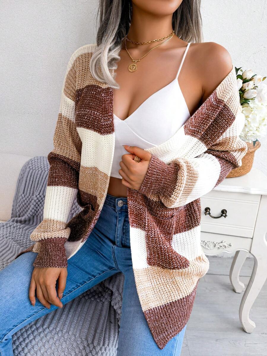 Ludlow Colorblock Striped Open Front Cardigan with Puff Sleeves