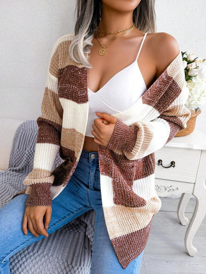 Ludlow Colorblock Striped Open Front Cardigan with Puff Sleeves