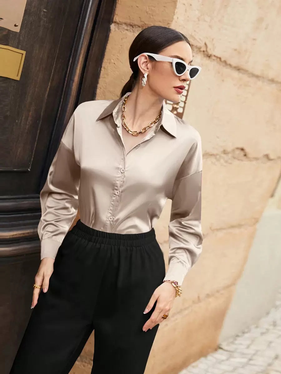 Women's Satin Button Front Long Sleeve Shirt, Silky Stretch Blouse for Work and Evening - Grey