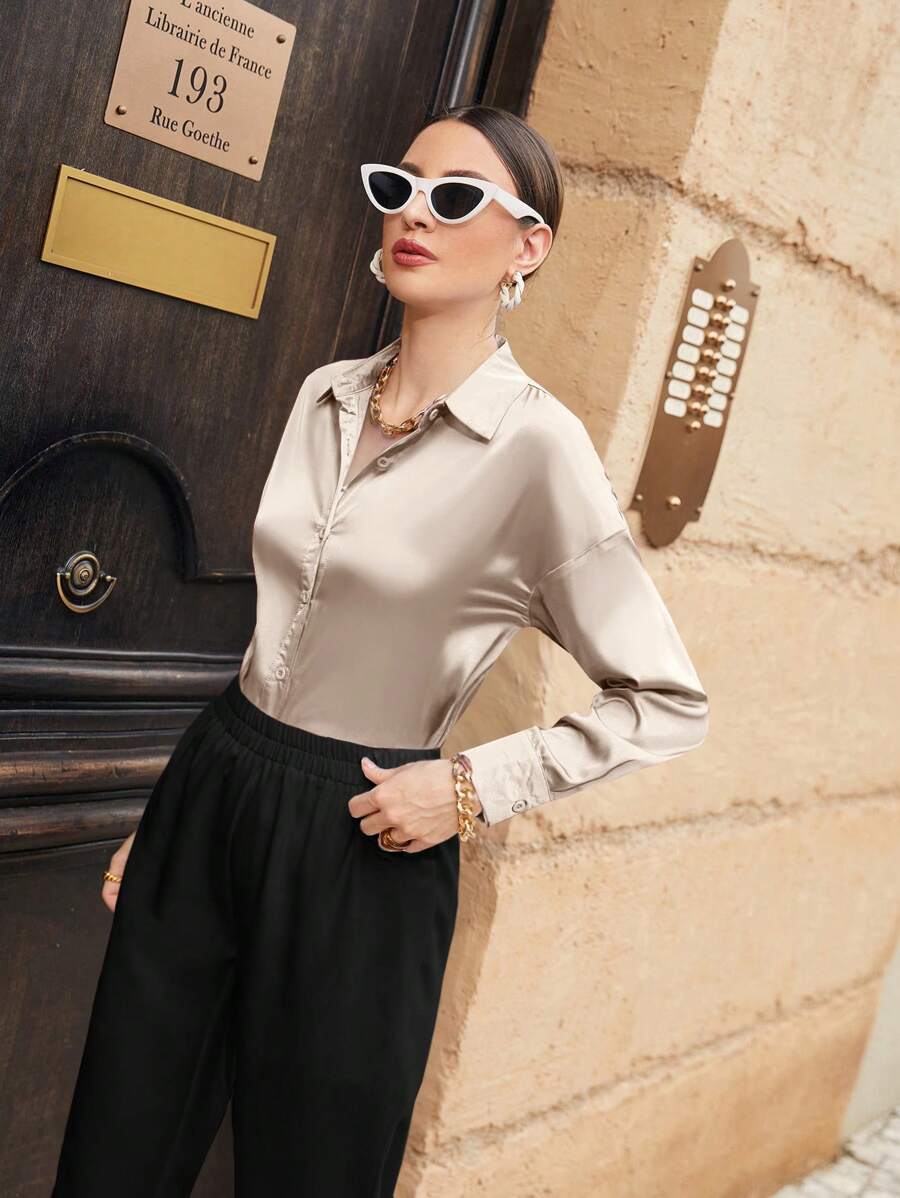 Women's Satin Button Front Long Sleeve Shirt, Silky Stretch Blouse for Work and Evening - Champagne