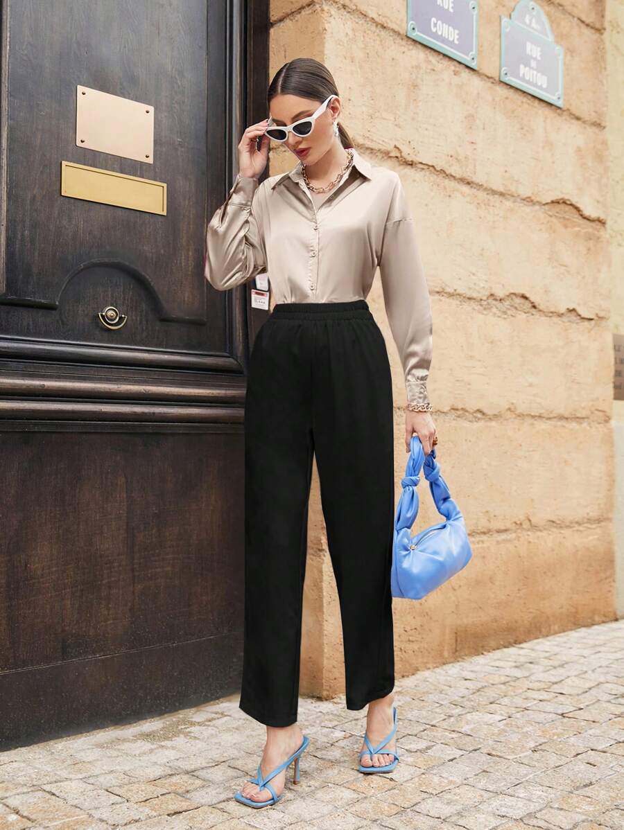 Women's Satin Button Front Long Sleeve Shirt, Silky Stretch Blouse for Work and Evening - Purple