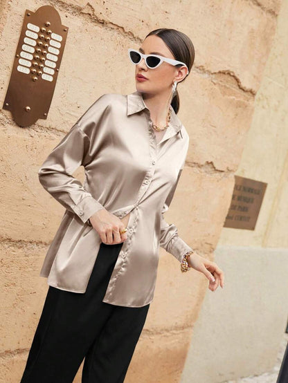 Women's Satin Button Front Long Sleeve Shirt, Silky Stretch Blouse for Work and Evening - Olive Green