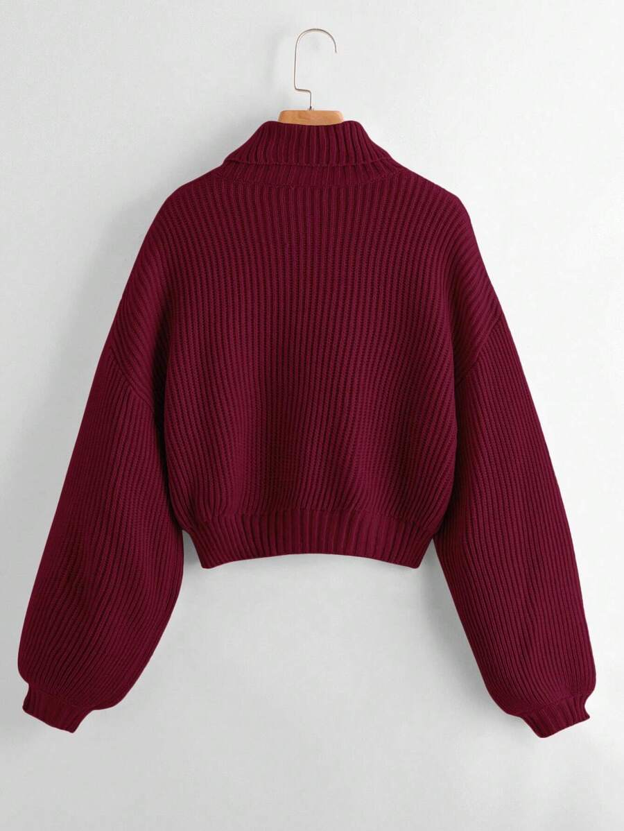 Louisa Ribbed Knit Cropped Turtleneck Pullover Sweater - Burgundy