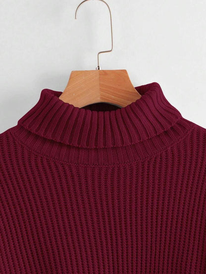 Louisa Ribbed Knit Cropped Turtleneck Pullover Sweater - Burgundy