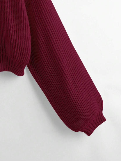 Louisa Ribbed Knit Cropped Turtleneck Pullover Sweater - Burgundy