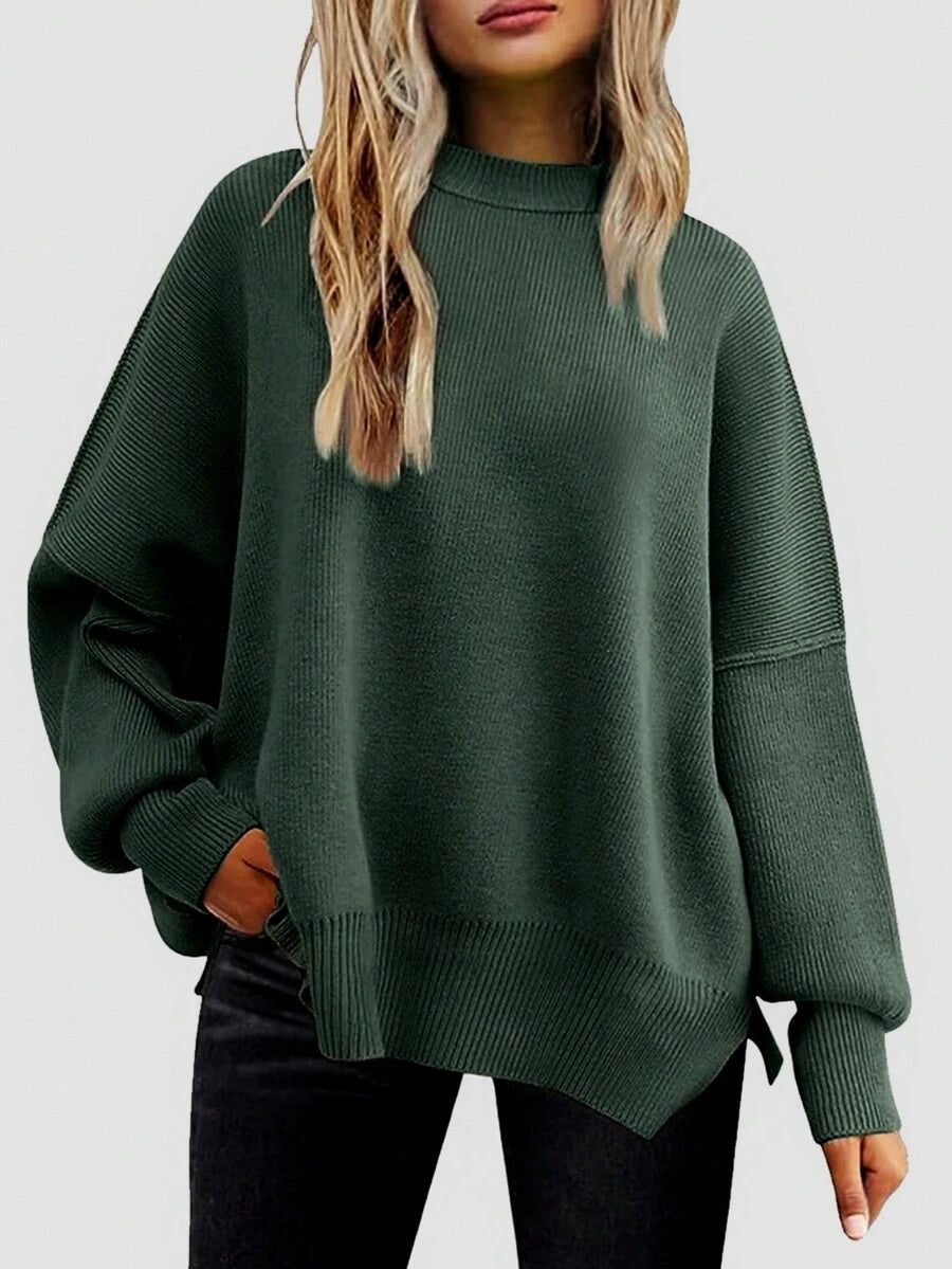 Josette Mock Neck Oversized Split Hem Drop Shoulder Sweater - Forest Green