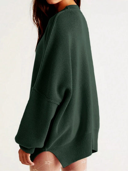 Josette Mock Neck Oversized Split Hem Drop Shoulder Sweater - Forest Green