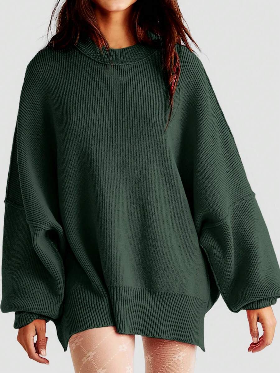 Josette Mock Neck Oversized Split Hem Drop Shoulder Sweater - Forest Green