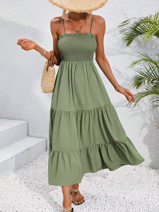 Breezaya Women's Shirred Ruffle Hem Cami Dress Maxi Women Outfit Mensa