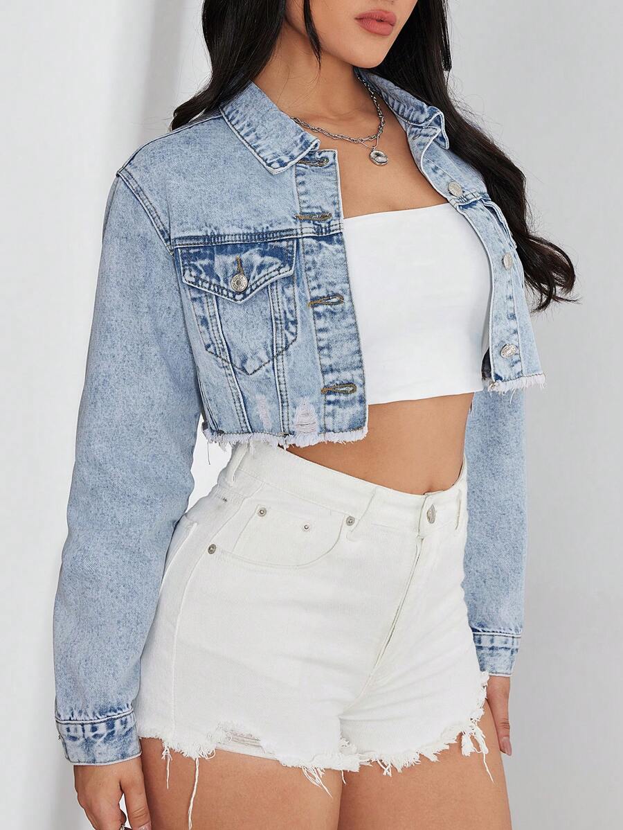 Bridget Frayed Hem Crop Washed Denim Jacket - Medium Wash