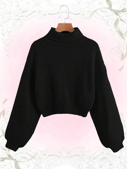 Louisa Ribbed Knit Cropped Turtleneck Pullover Sweater - Black