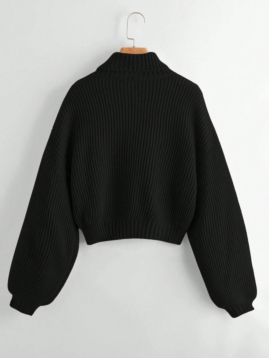 Louisa Ribbed Knit Cropped Turtleneck Pullover Sweater - Black