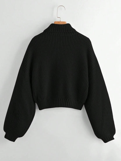 Louisa Ribbed Knit Cropped Turtleneck Pullover Sweater - Black