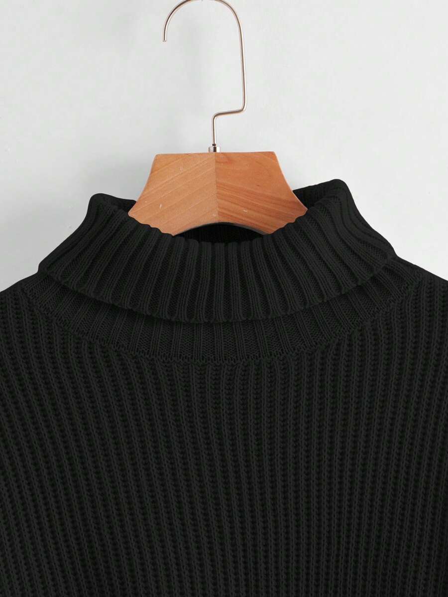 Louisa Ribbed Knit Cropped Turtleneck Pullover Sweater - Black