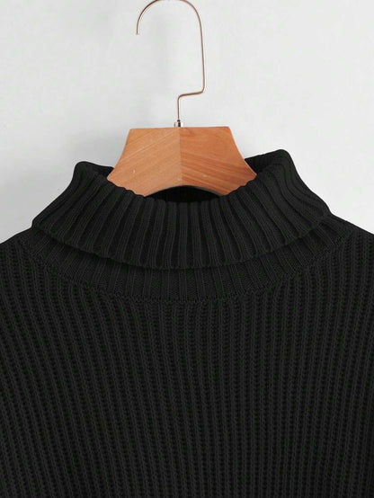 Louisa Ribbed Knit Cropped Turtleneck Pullover Sweater - Black