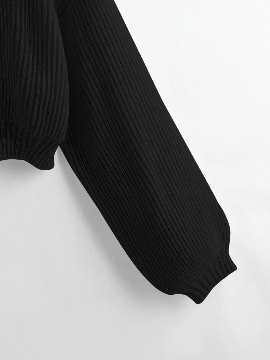 Louisa Ribbed Knit Cropped Turtleneck Pullover Sweater - Black