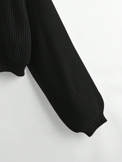 Louisa Ribbed Knit Cropped Turtleneck Pullover Sweater - Black