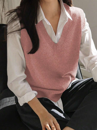 Women's V-Neck Knit Sweater Vest, Sleeveless Layering Top for Fall Work Casual - Grey