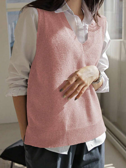 Women's V-Neck Knit Sweater Vest, Sleeveless Layering Top for Fall Work Casual - Khaki