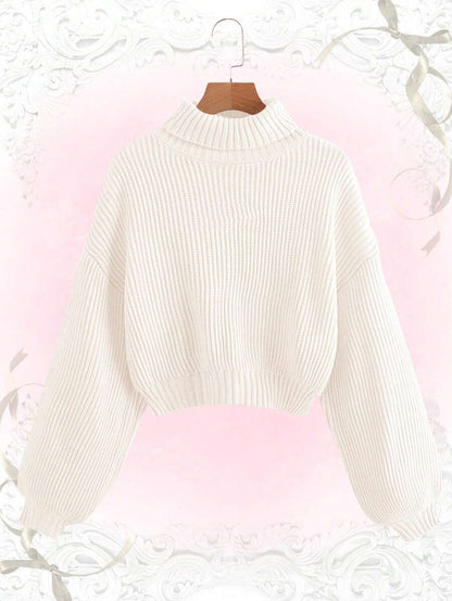 Louisa Ribbed Knit Cropped Turtleneck Pullover Sweater - White