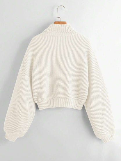 Louisa Ribbed Knit Cropped Turtleneck Pullover Sweater - White