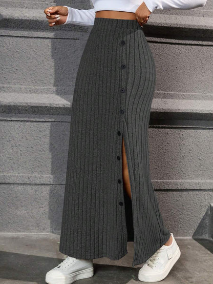 Honfleur High Waist Ribbed Knit Long Skirt with Split Hem - Dark Grey