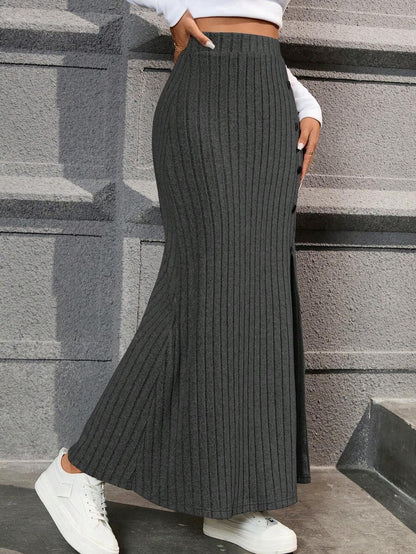 Honfleur High Waist Ribbed Knit Long Skirt with Split Hem