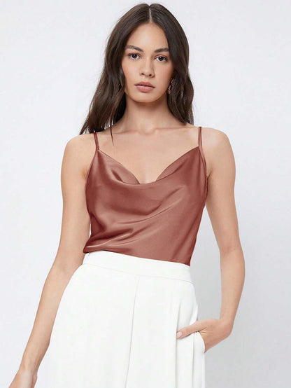 Rosemary Draped Cowl Neck Satin Cami Top with Spaghetti Straps - Rust