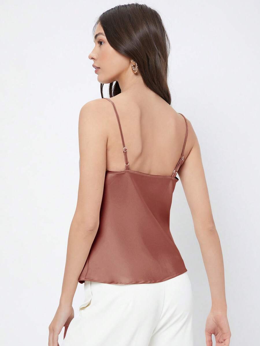 Rosemary Draped Cowl Neck Satin Cami Top with Spaghetti Straps - Rust