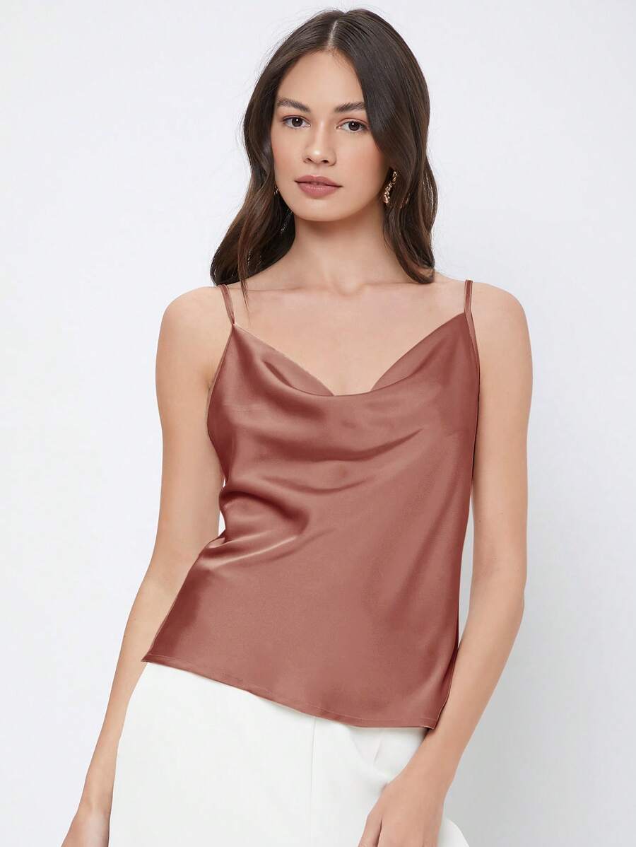 Rosemary Draped Cowl Neck Satin Cami Top with Spaghetti Straps - Rust