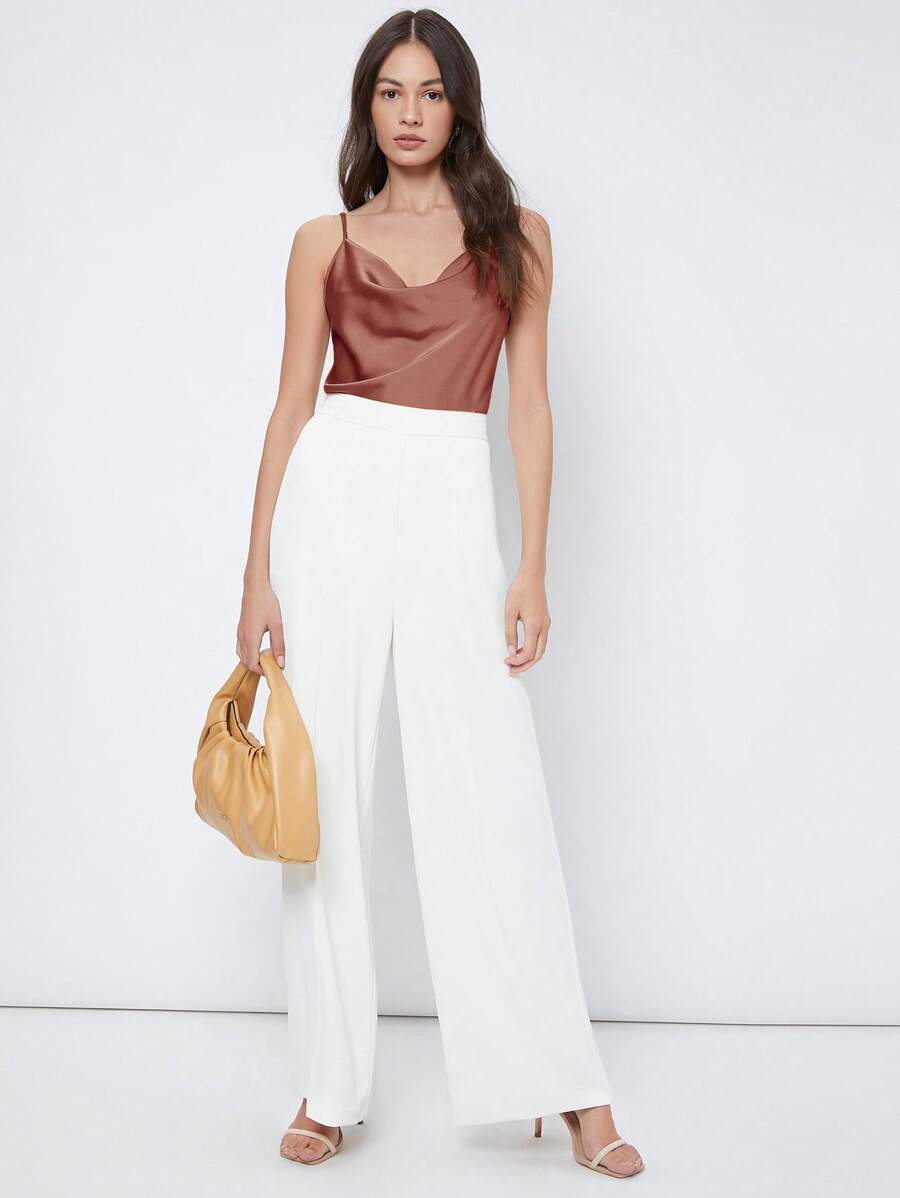 Rosemary Draped Cowl Neck Satin Cami Top with Spaghetti Straps - Rust