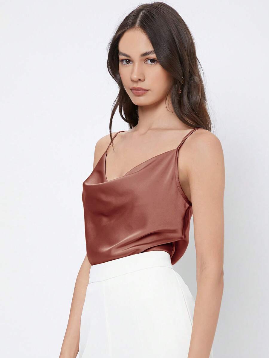 Rosemary Draped Cowl Neck Satin Cami Top with Spaghetti Straps - Rust