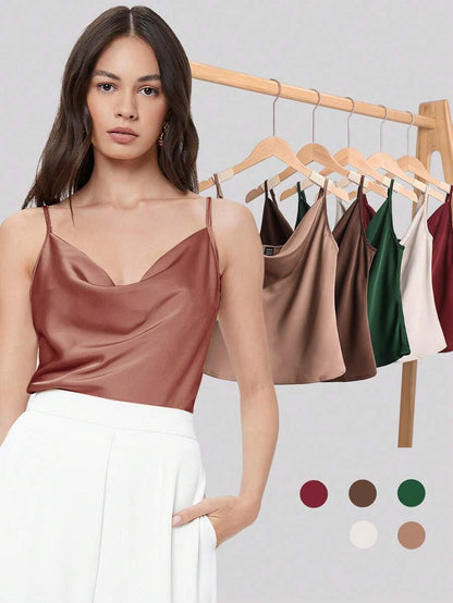 Rosemary Draped Cowl Neck Satin Cami Top with Spaghetti Straps - Rust