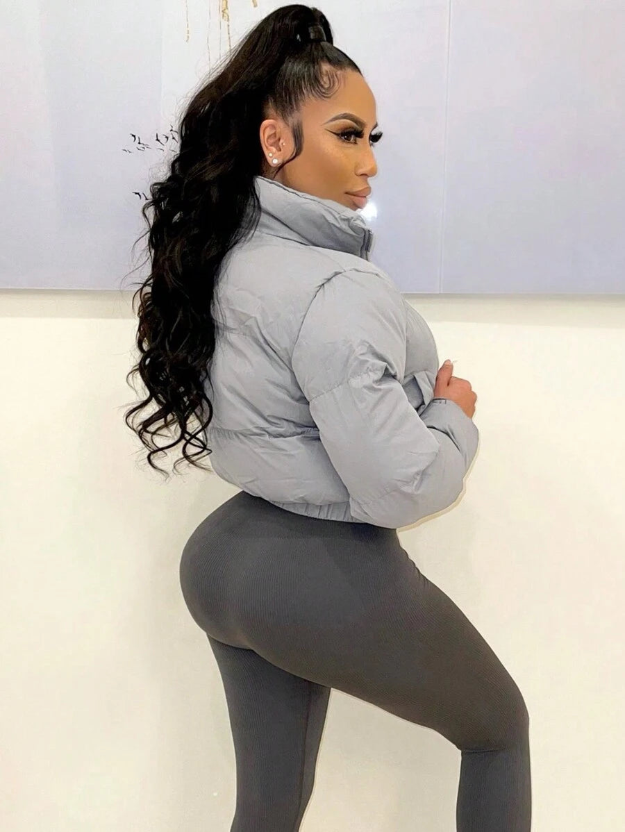 Allegra Cropped Puffer Jacket with Funnel Neck and Zip Front - Grey