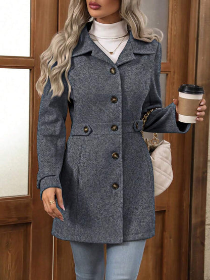 Juliana Single-Breasted Collared Coat with Button Front and Pockets - Light Grey
