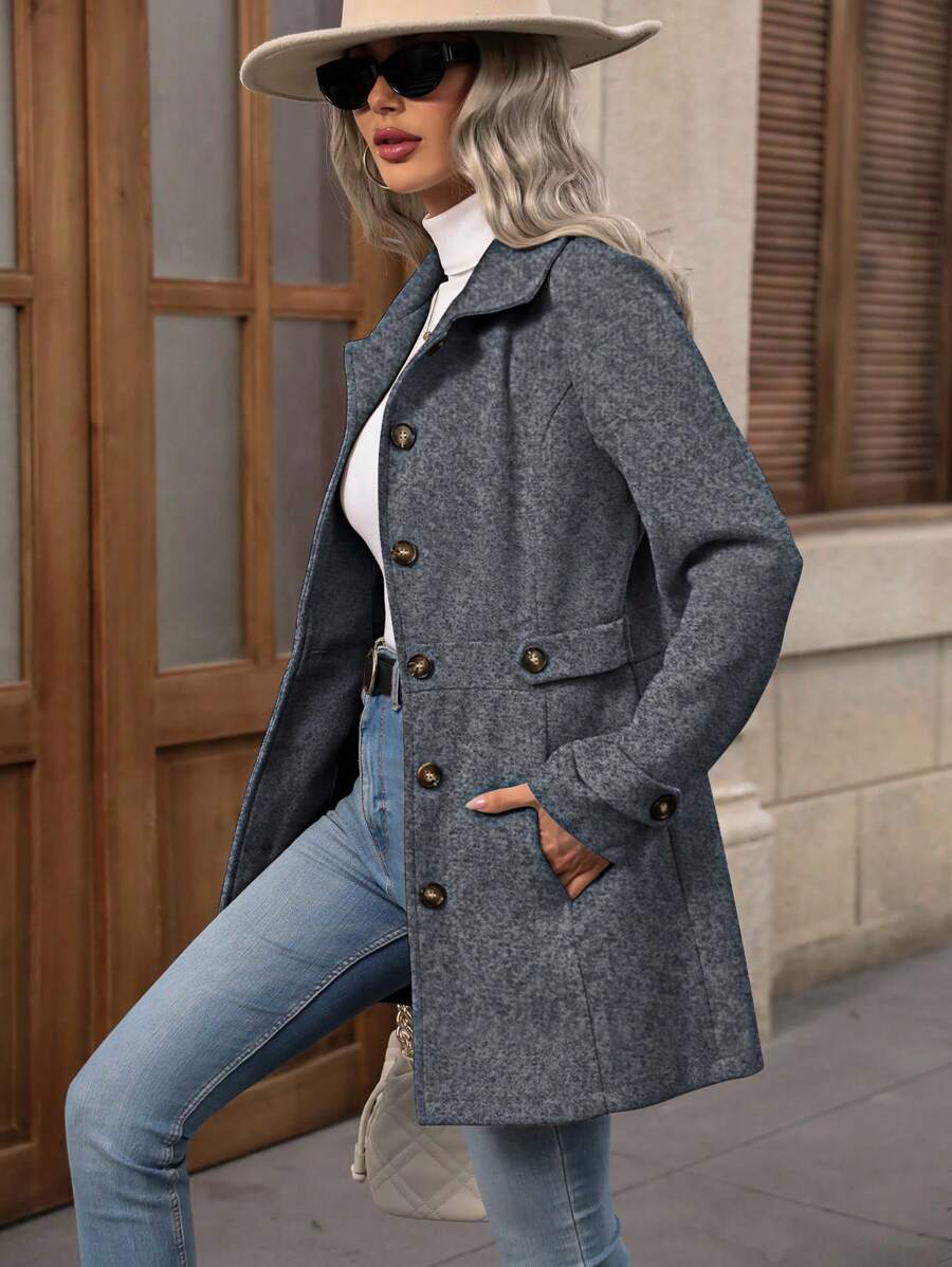 Juliana Single-Breasted Collared Coat with Button Front and Pockets - Camel