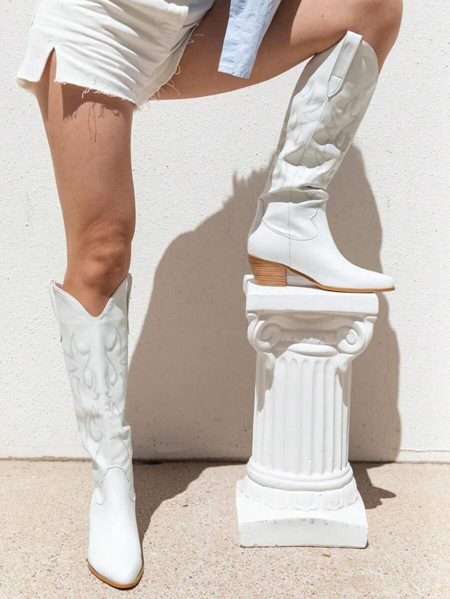 Women's Western Cowboy Boots Embroidered Pointed Toe Pull-On Retro Classic Fall Knee High Cowgirl Boots For Woman Spring Boots For Women Mensa