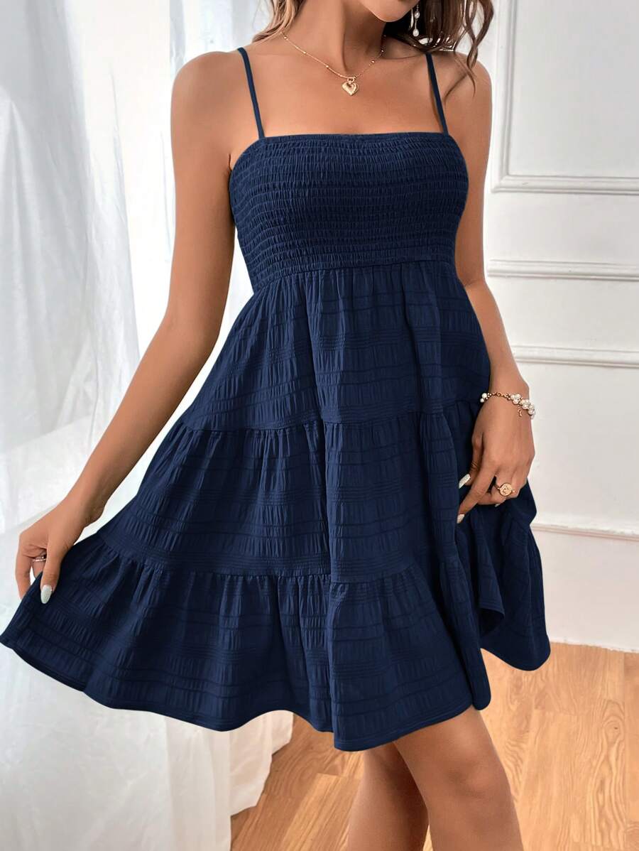 Soleia Women's Summer Holiday Solid Color Spaghetti Strap Dress With Ruffled Hem Mensa