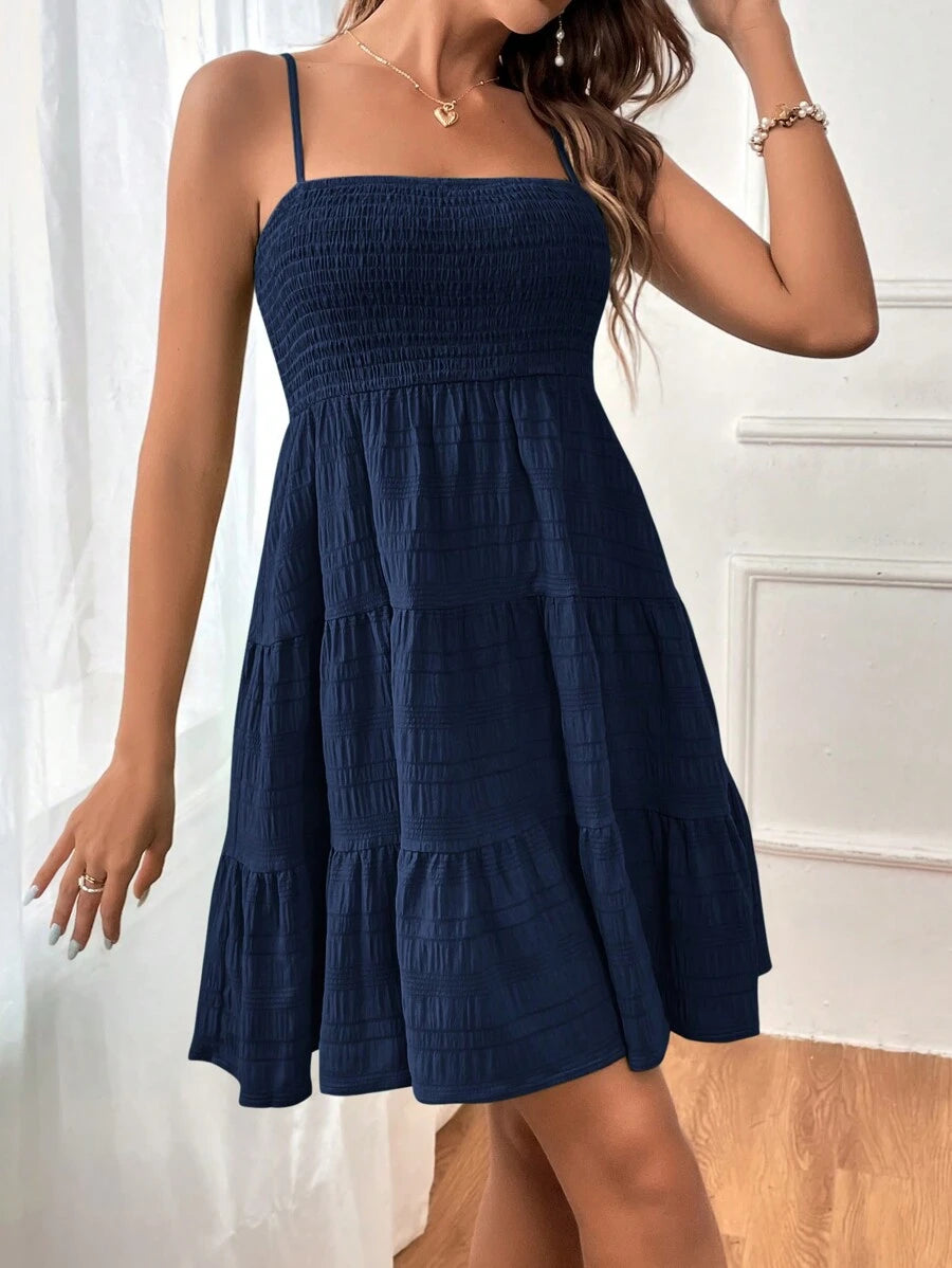 Soleia Women's Summer Holiday Solid Color Spaghetti Strap Dress With Ruffled Hem Mensa