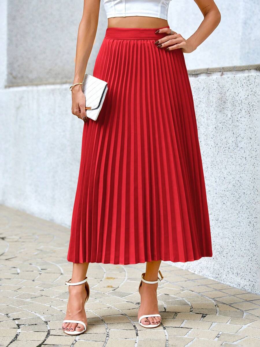 Camila Elegant High-Waist Pleated A-Line Midi Skirt - Red