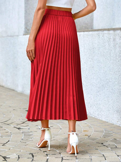 Camila Elegant High-Waist Pleated A-Line Midi Skirt - Red
