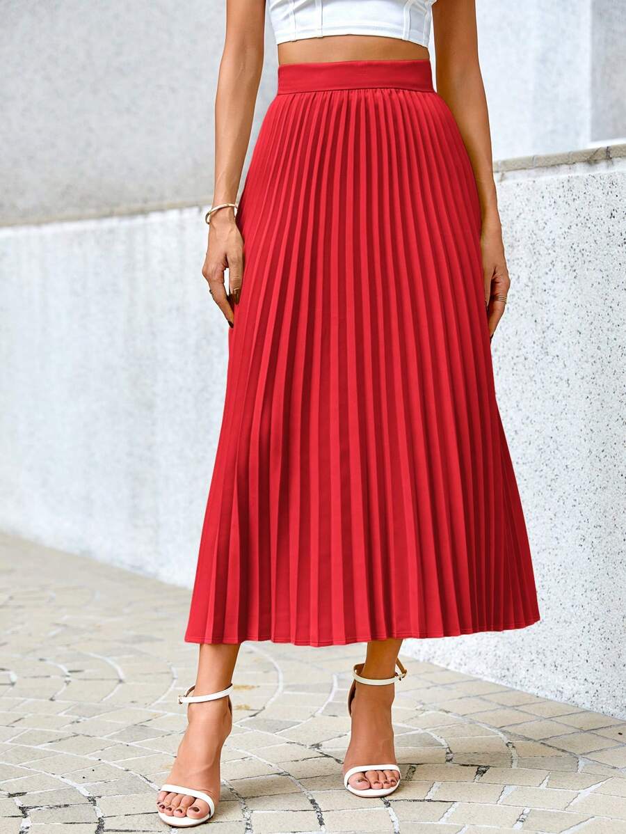 Camila Elegant High-Waist Pleated A-Line Midi Skirt - Red