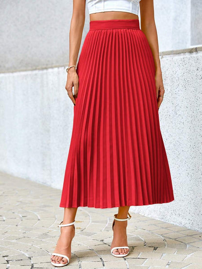 Camila Elegant High-Waist Pleated A-Line Midi Skirt - Red