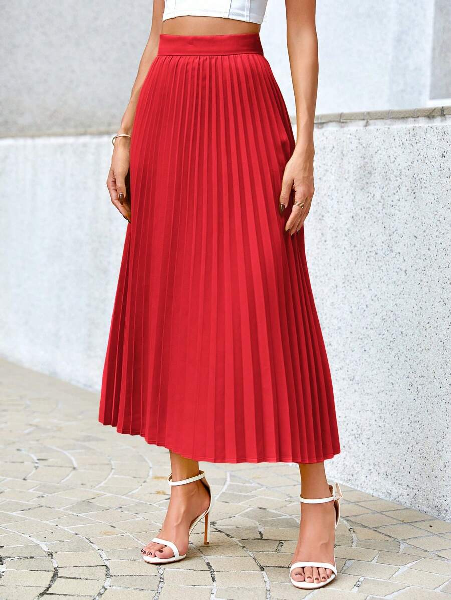Camila Elegant High-Waist Pleated A-Line Midi Skirt - Red