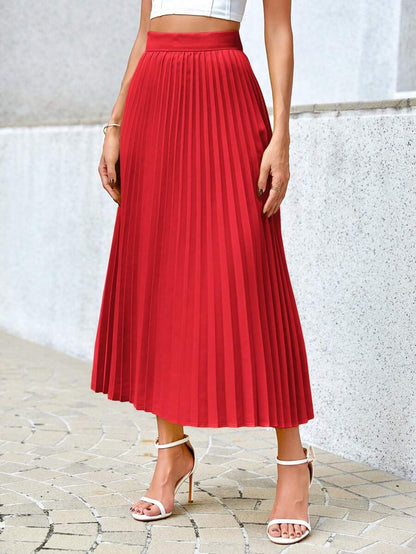 Camila Elegant High-Waist Pleated A-Line Midi Skirt - Red