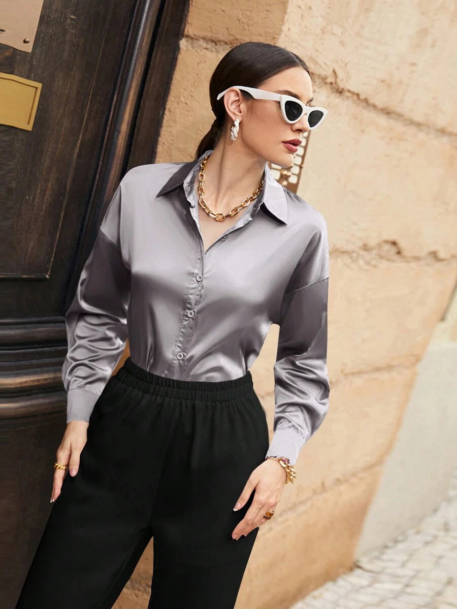 Women's Satin Button Front Long Sleeve Shirt, Silky Stretch Blouse for Work and Evening - Black