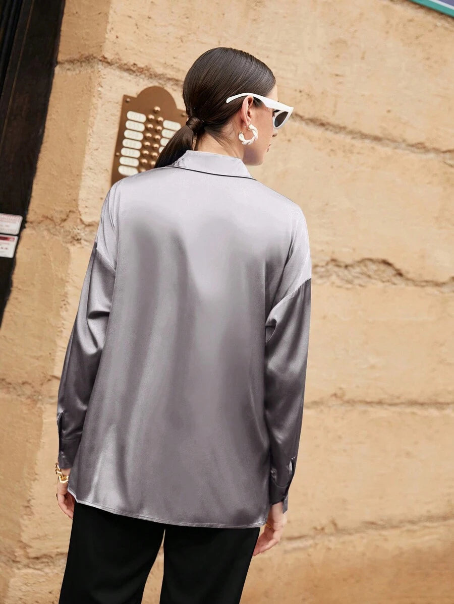 Women's Satin Button Front Long Sleeve Shirt, Silky Stretch Blouse for Work and Evening - White