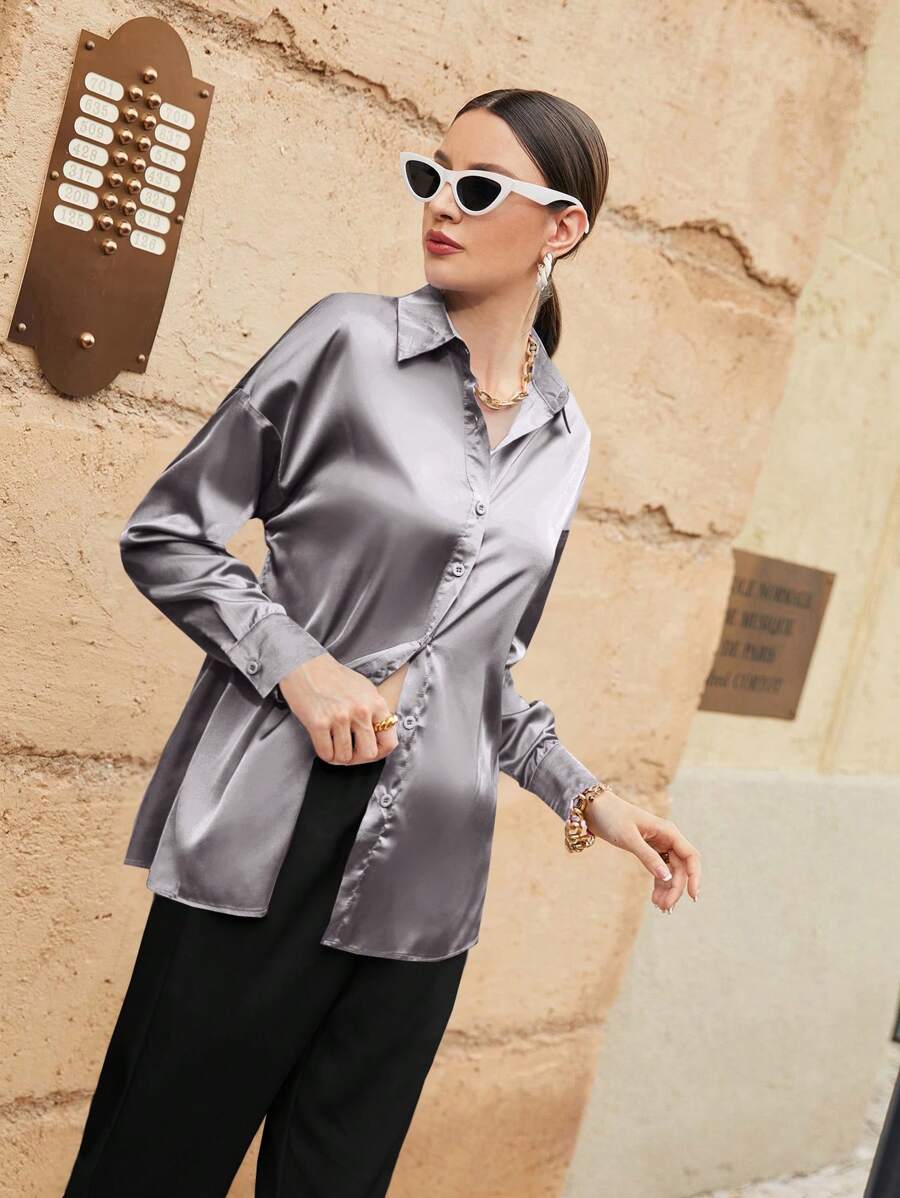 Women's Satin Button Front Long Sleeve Shirt, Silky Stretch Blouse for Work and Evening - Burgundy