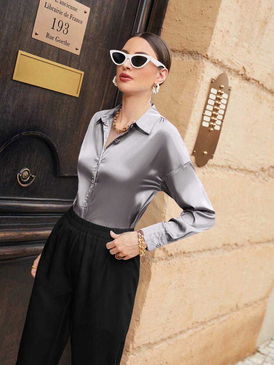 Women's Satin Button Front Long Sleeve Shirt, Silky Stretch Blouse for Work and Evening - Pink