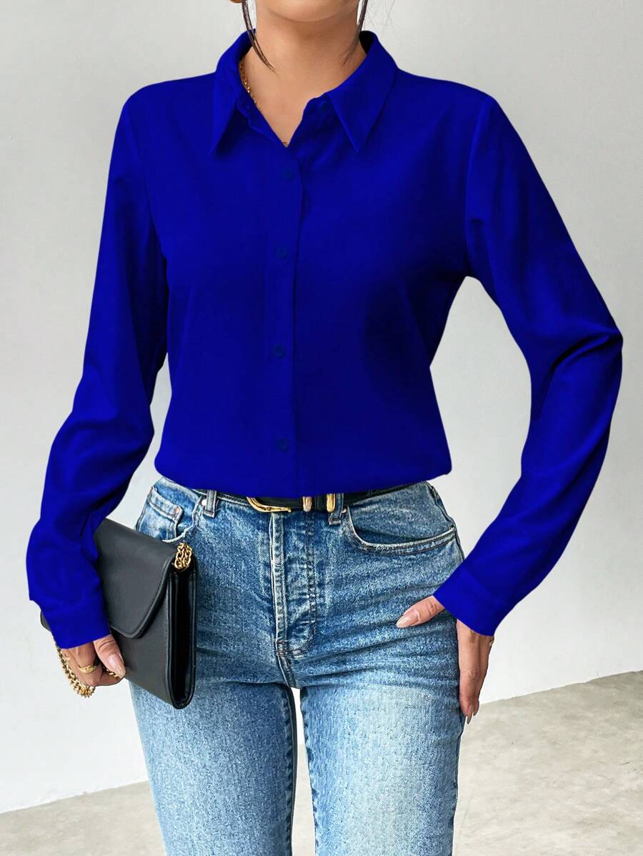 Pia Button Front Long Sleeve Blouse Classic Collared Shirt - Royal Blue